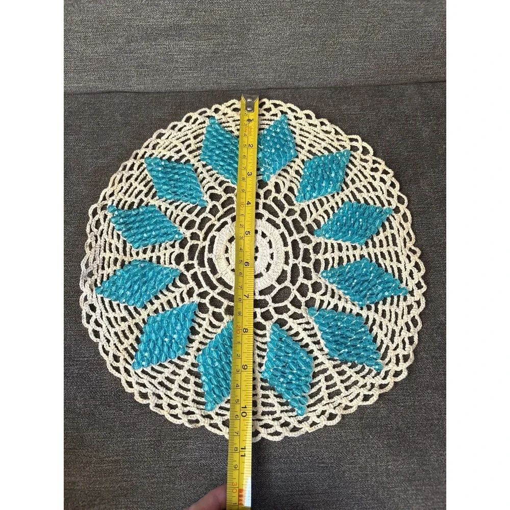 Handmade Crocheted Doily Blue Beads White 11